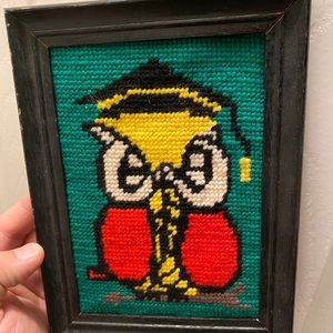 Vintage OWL needle point Framed Art: 70’s -80’s Era Wall Art: Graduate